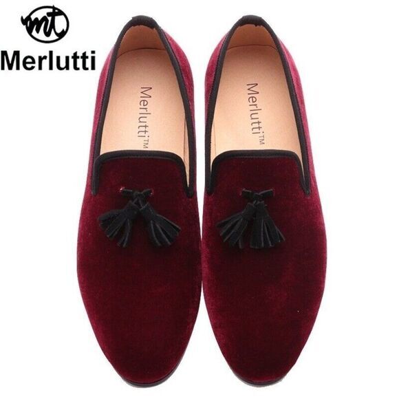 Merlutti Burgundy Black Velvet Tassel Prom Wedding Loafers Shoes Size 14 - Picture 1 of 5